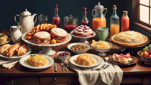 Photo a table with food including a jug and a jug of orange juice