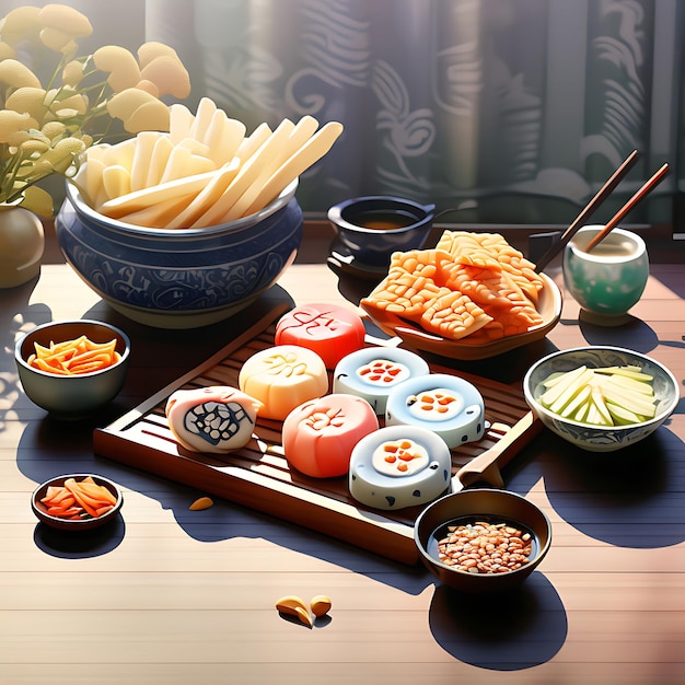 Photo a table with food including rice beans and other foods