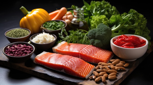 a table with food including salmon nuts and nuts