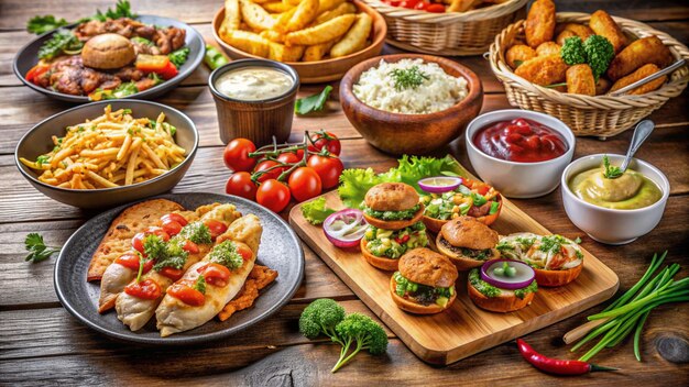 a table with food including a sandwich salad and salad