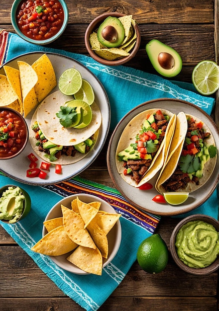 a table with food including tacos chips and salsa