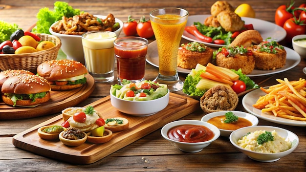 a table with food including a variety of food including sandwiches salads and condiments