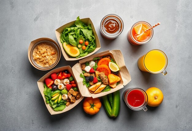 Photo a table with food including vegetables fruit and drink