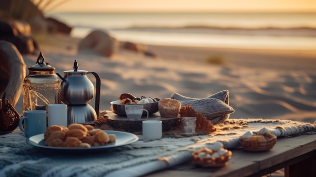 Photo a table with food on it and a blanket on the beach generative ai art