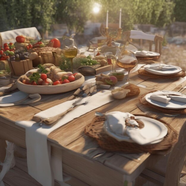 a table with food and a plate of strawberries on it