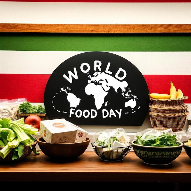 a table with food and a sign that says world food