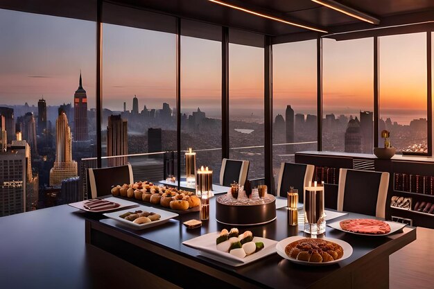 A table with food and a view of the city skyline.