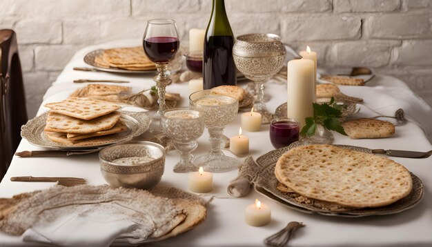 Photo a table with food and wine glasses and a bottle of wine