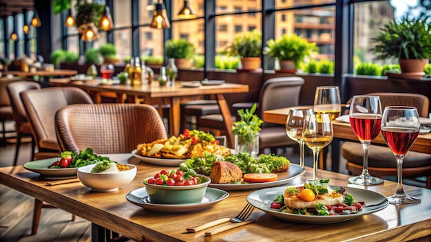 a table with food and wine glasses on it and a glass of wine