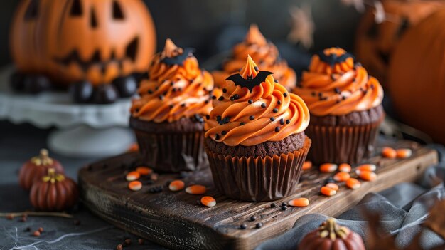 A table with four cupcakes with orange frosting and black stars on top