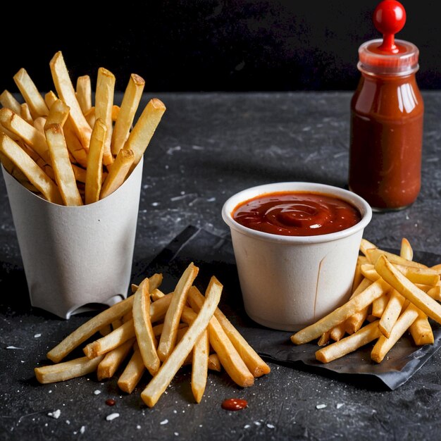 a table with french fries and ketchup and ketchup