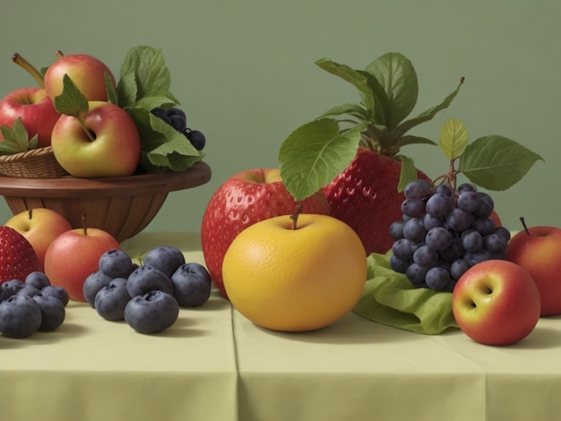 A table with fruit and a basket of apples