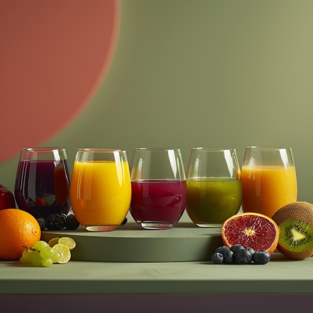 a table with fruit and juices on it including apples grapes and oranges