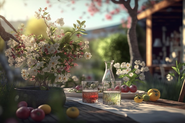 A table with fruit and a vase of flowers