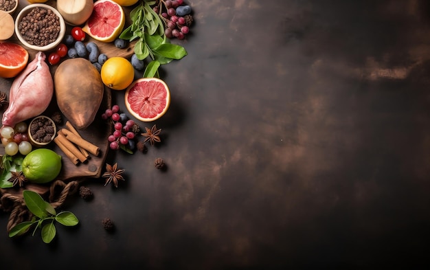 A table with fruits and spices on it