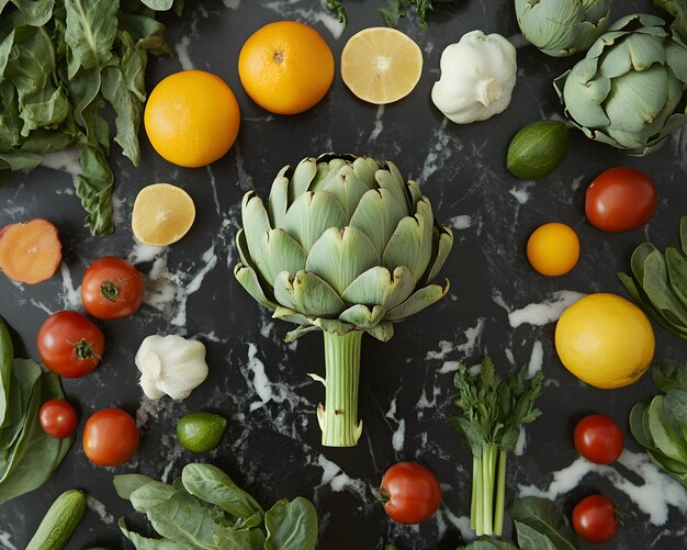 a table with fruits and vegetables including broccoli tomatoes and other vegetables