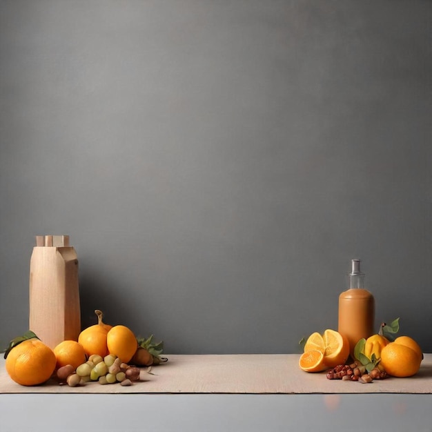 Photo a table with fruits and vegetables on it and a wall behind it