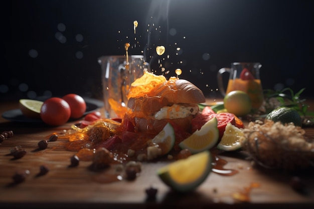 A table with a glass of beer and a plate of food with a liquid being poured into it.