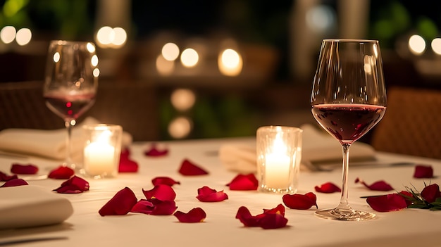 a table with a glass of wine and a candle that has the words  rose  on it