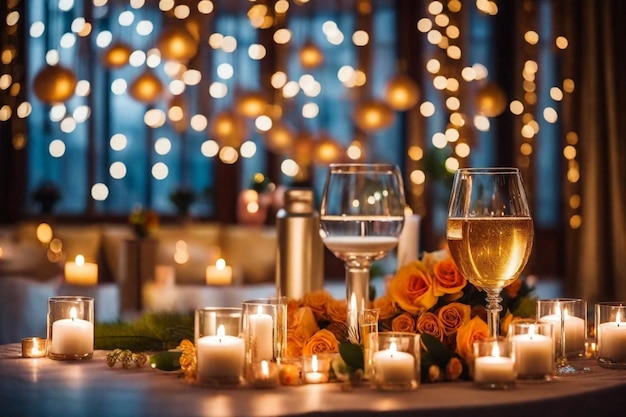 a table with glasses and candles and candles with lights behind them