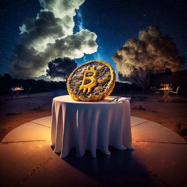 A table with a gold coin on it and a table with a tablecloth with a white tablecloth.