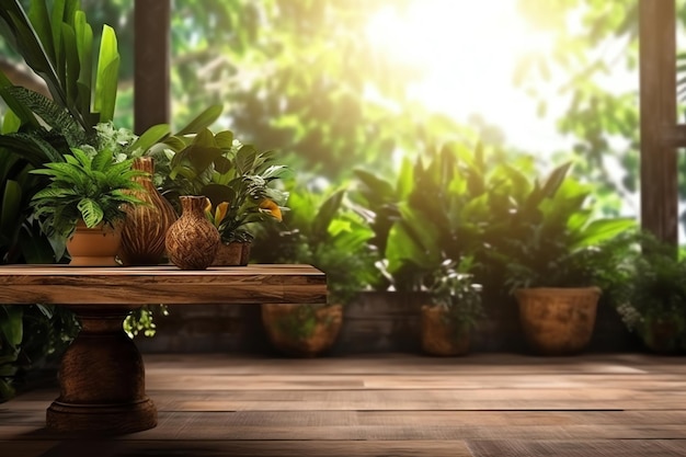 A table with a green apple on it and a plant on the top