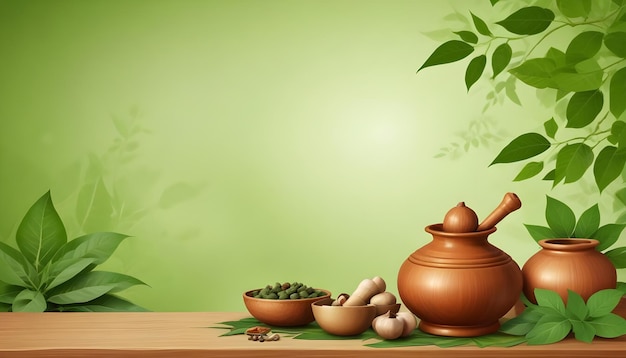 Photo a table with a green background with bowls of ayurvedic medicine