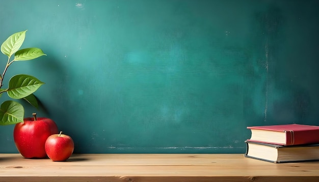 a table with a green board with a green background with a green background with a green chalkboard behind it