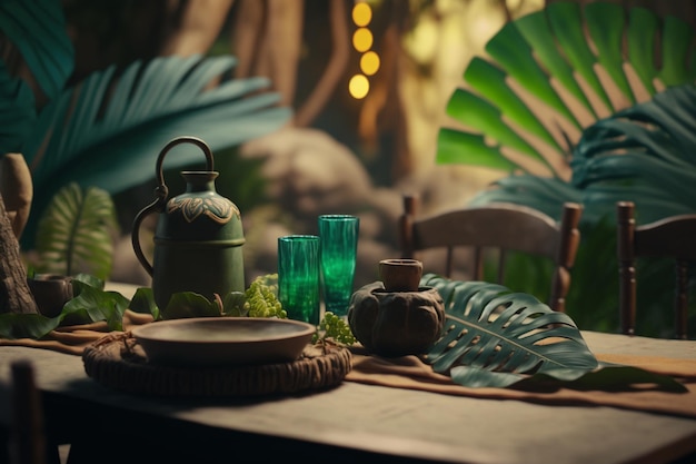 A table with a green glass and a green glass with a jungle theme on it.