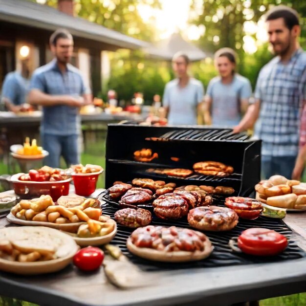 Photo a table with a grill that has food on it and people standing around it