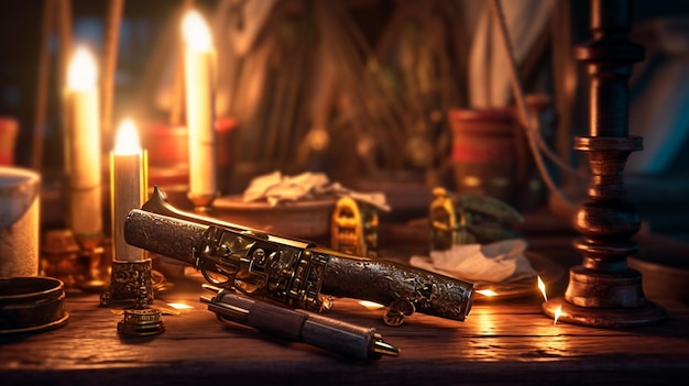 A table with a gun and a candle in the background