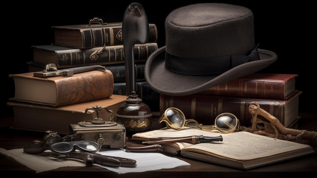 A table with a hat, glasses, a book, and a pen and a pen on it.