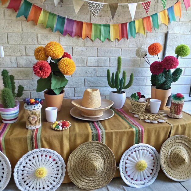 Photo a table with hats flowers and hats on it