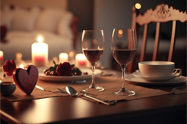 A table with a heart shaped candle and two wine glasses on it