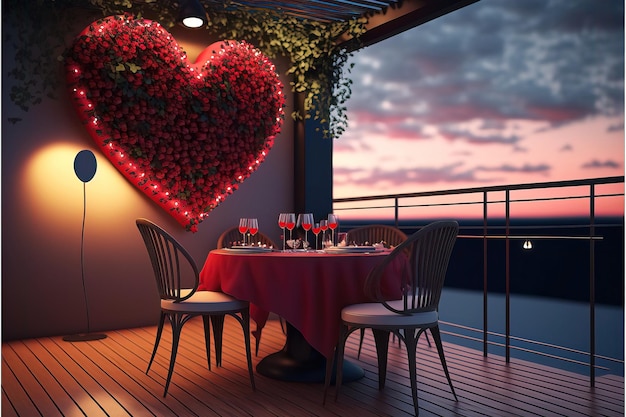 A table with a heart shaped table and chairs in front of a balcony with a sunset in the background.