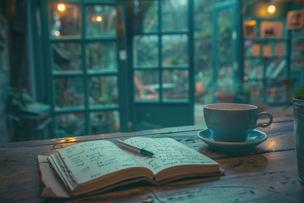 The table with a hot coffee cup Morning atmosphere notebook pen and Space on the left side