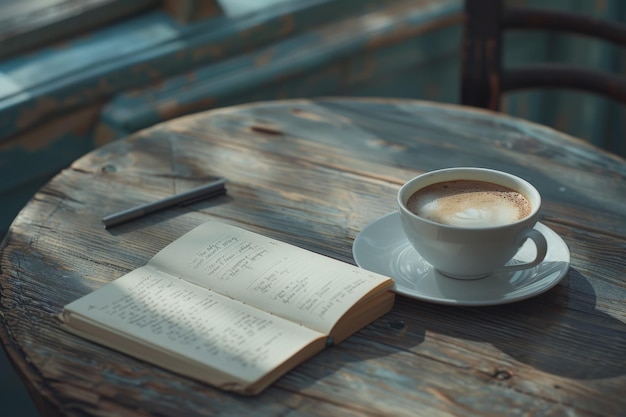 The table with a hot coffee cup Morning atmosphere notebook pen and Space on the left side