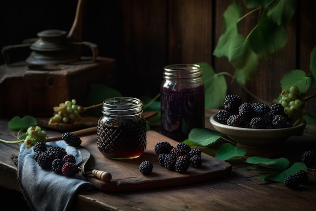 A table with jars of blackberries and a bowl of blackberries