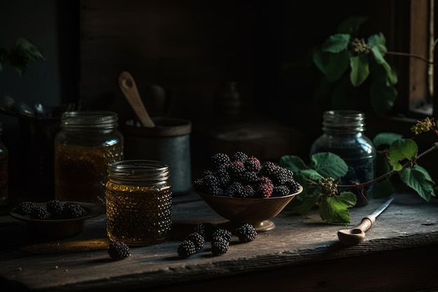 A table with jars of blackberries and a bowl of blackberries