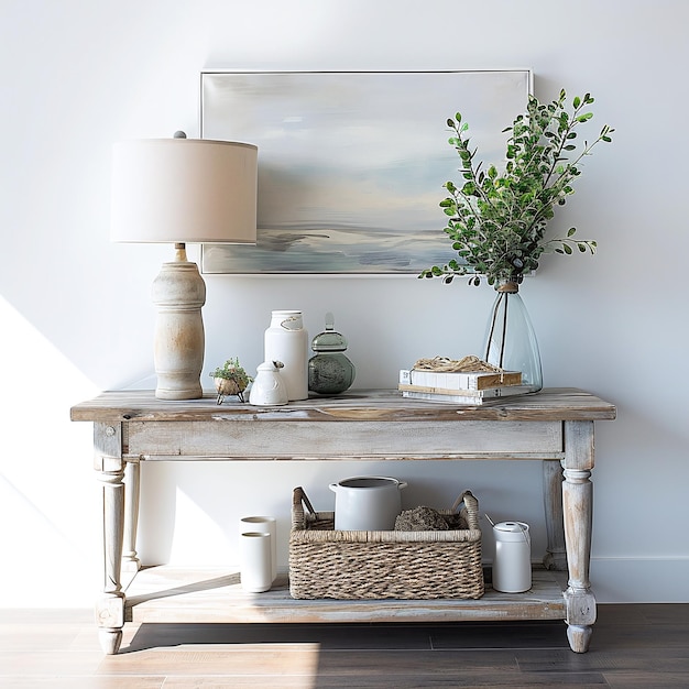 a table with a lamp and a plant on it