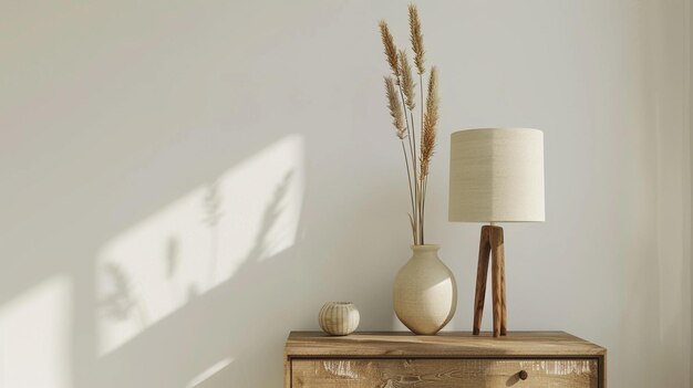 Photo a table with a lamp and a vase on it