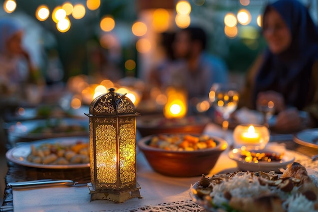 A table with a lantern and a group of people eating