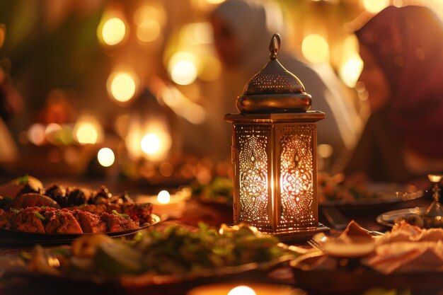 A table with a lantern on it and people eating