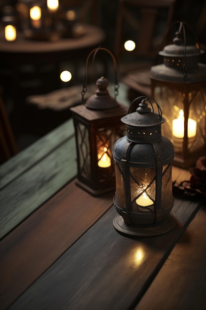 A table with lanterns on it and the word lantern on the bottom right.