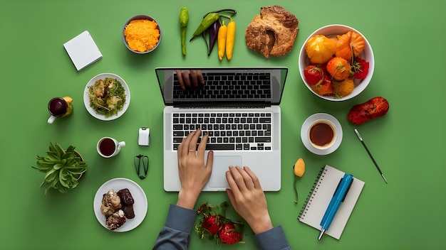 Photo a table with a laptop and a bunch of food on it