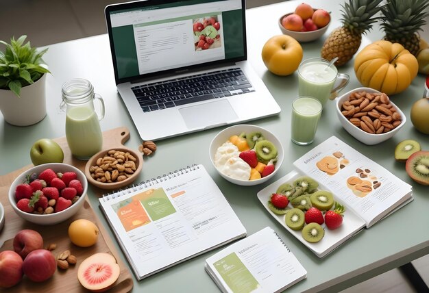 Photo a table with a laptop fruit nuts and fruit on it