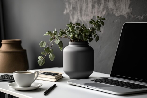 Table with laptop plant branches in vase and cup of coffee near grey wall