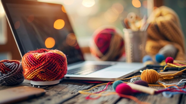 Photo a table with a laptop and some balls of yarn on it