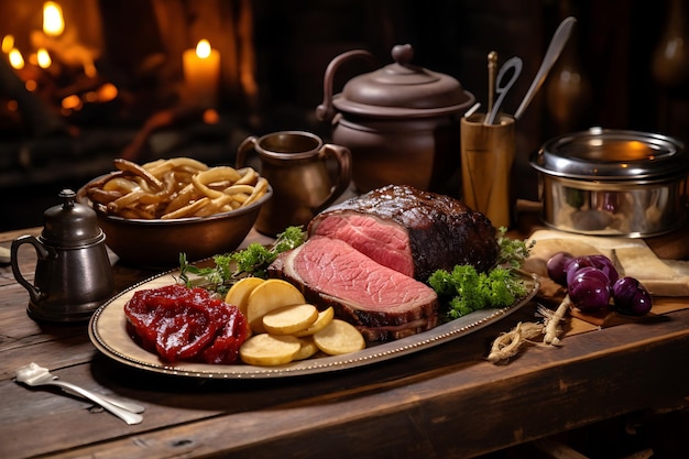 Table with a large roast beef and various sides of food