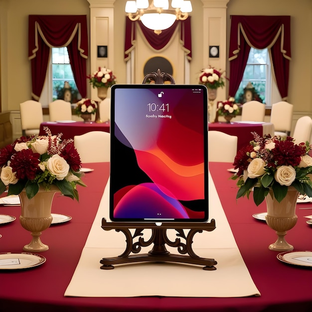 Photo a table with a large screen that says lg on it